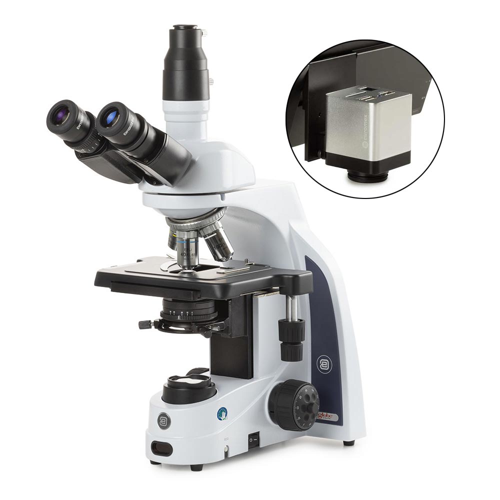 Globe Scientific iScope trinocular microscope with EWF 10x/22mm eyepieces, E-plan EPLI 4/10/S40/S100x oil IOS objectives, rackless stage and 3W NeoLED™ illumination, with HD-Mini camera, color High definition 2MP high speed camera with 13 inch HD screen, 1280 x 1080p, stand-alone usage with standard 32GB SD card, HDMI output. With built-in mouse-driven capture software Microscope;Trinocular;rackless stage;EWF;EPLI